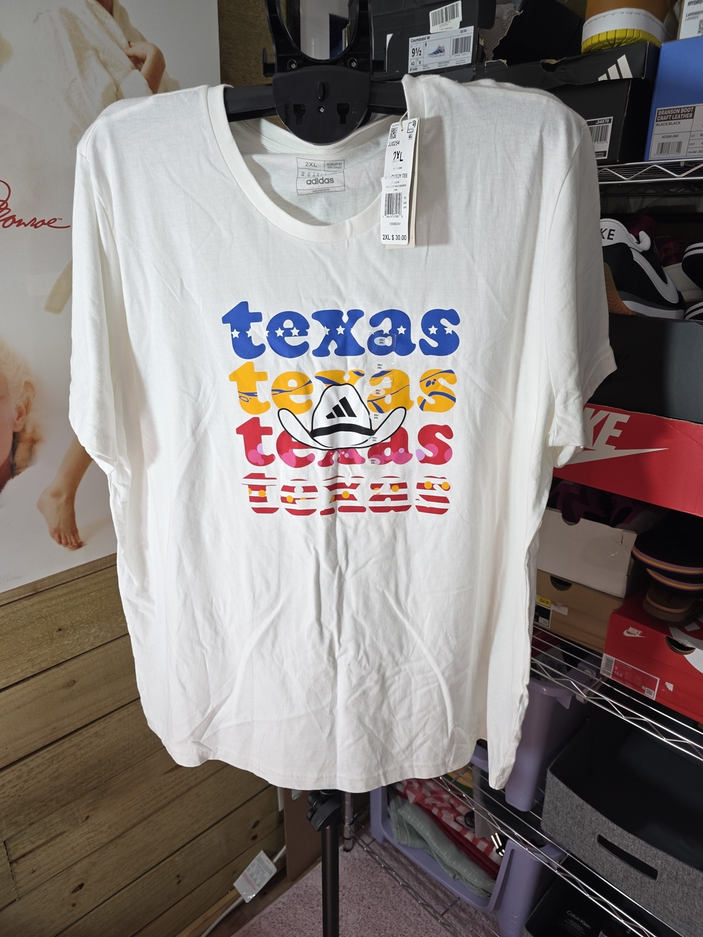 adidas White Short Sleeve 'Texas' Graphic Tee with Multicolor Print